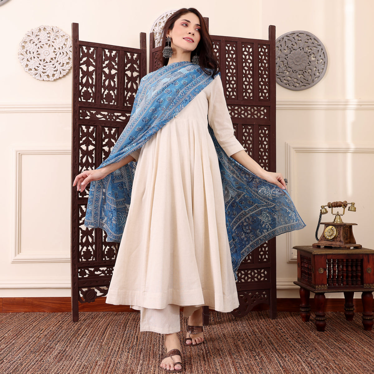 Elegant Cream Chanderi Silk Anarkali Suit
