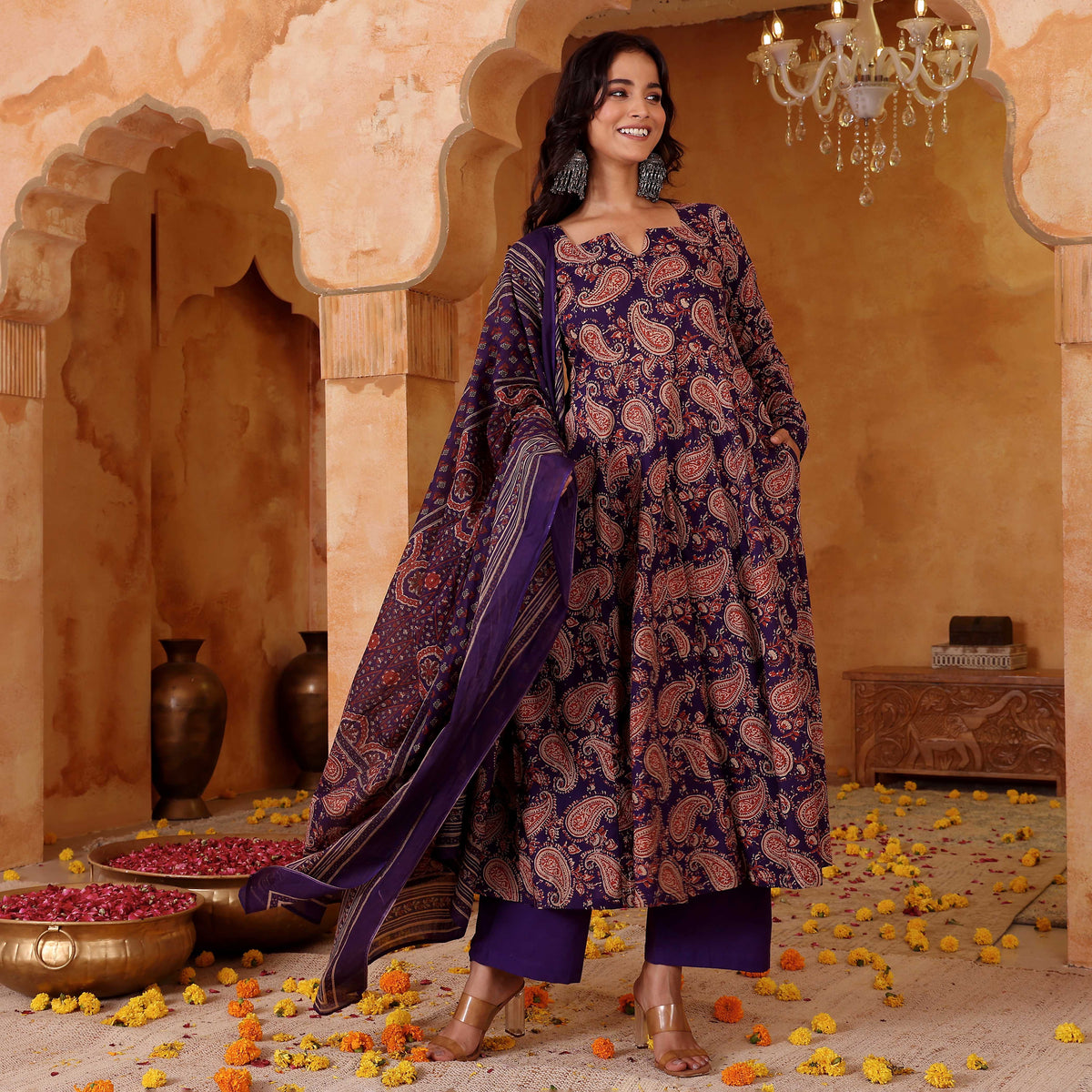 Elegant Purple Rayon Blend Printed Kurta Pant Set