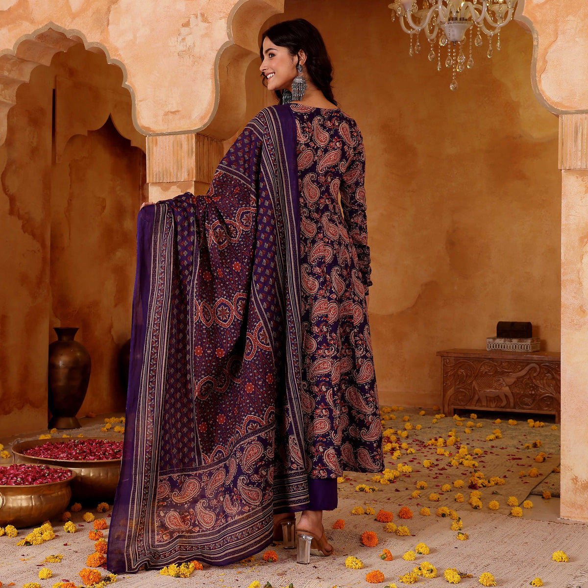 Elegant Purple Rayon Blend Printed Kurta Pant Set