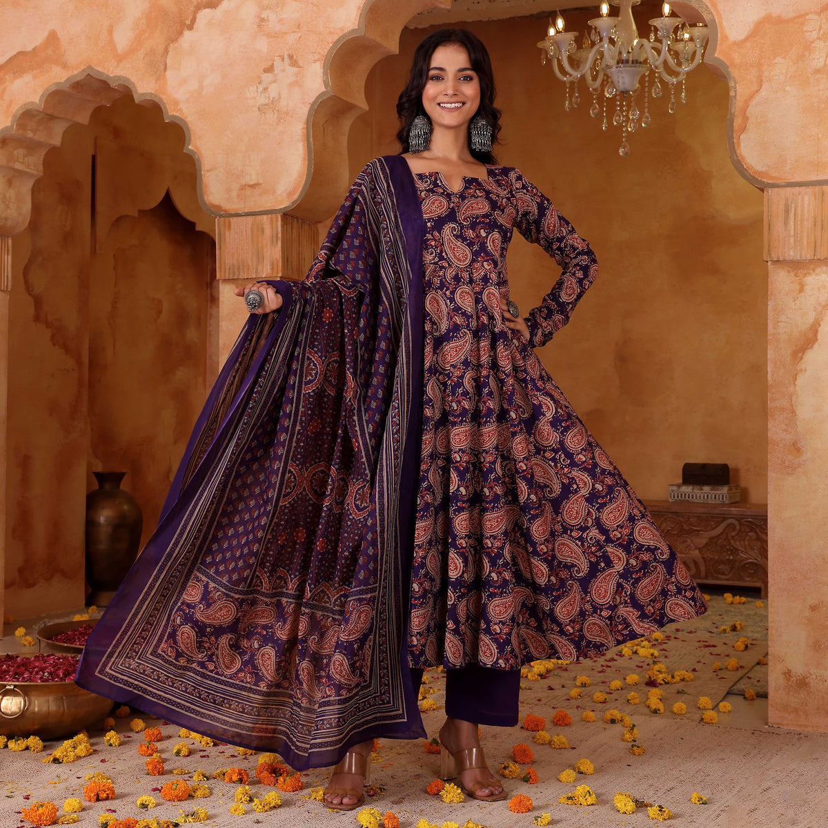 Elegant Purple Rayon Blend Printed Kurta Pant Set