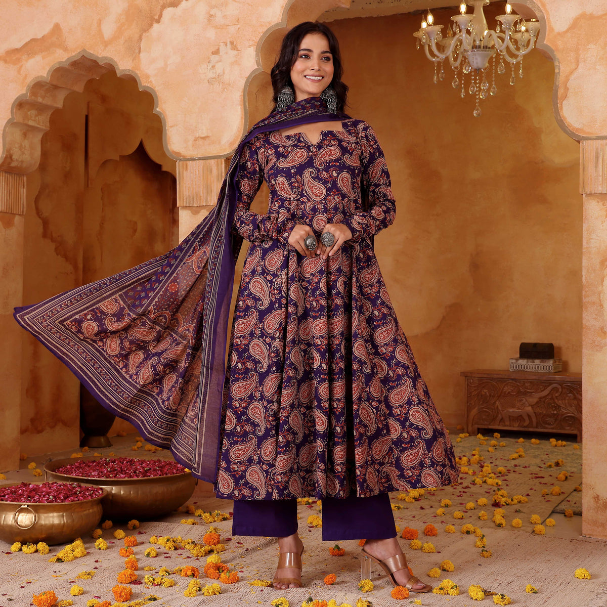 Elegant Purple Rayon Blend Printed Kurta Pant Set