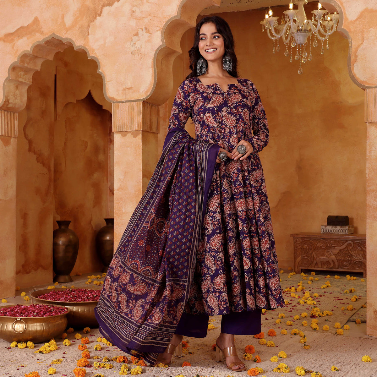 Elegant Purple Rayon Blend Printed Kurta Pant Set