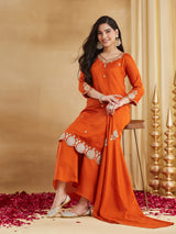 Elegant Orange Vichitra Silk Embroidered Kurta Palazzo Set