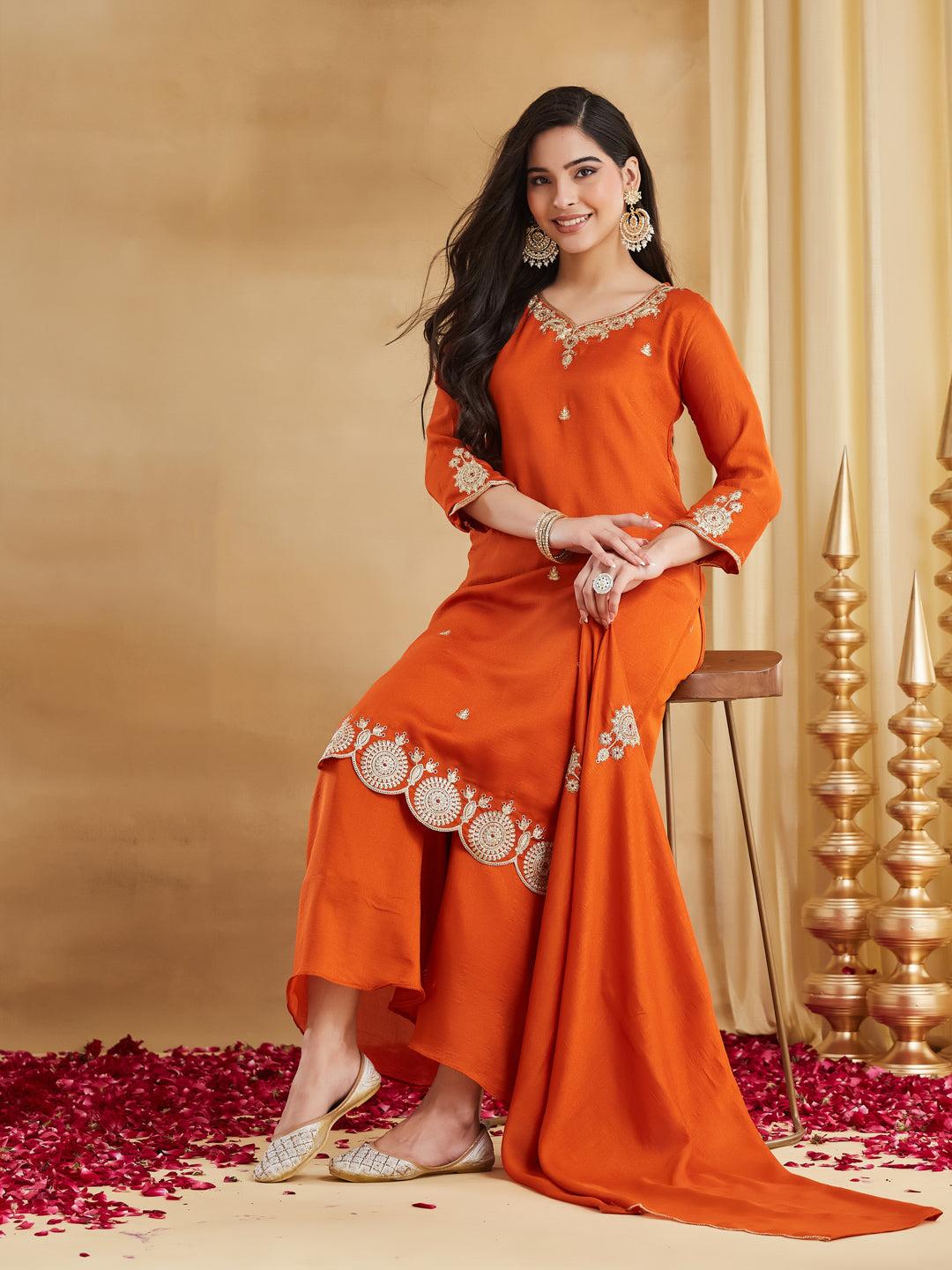 Elegant Orange Vichitra Silk Embroidered Kurta Palazzo Set