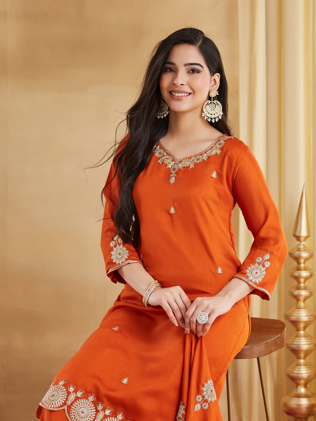 Elegant Orange Vichitra Silk Embroidered Kurta Palazzo Set