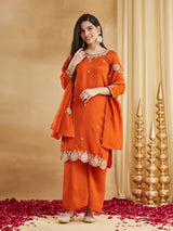 Elegant Orange Vichitra Silk Embroidered Kurta Palazzo Set