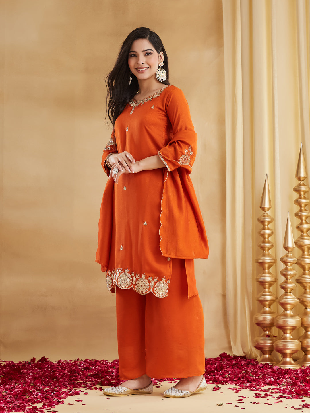 Elegant Orange Vichitra Silk Embroidered Kurta Palazzo Set
