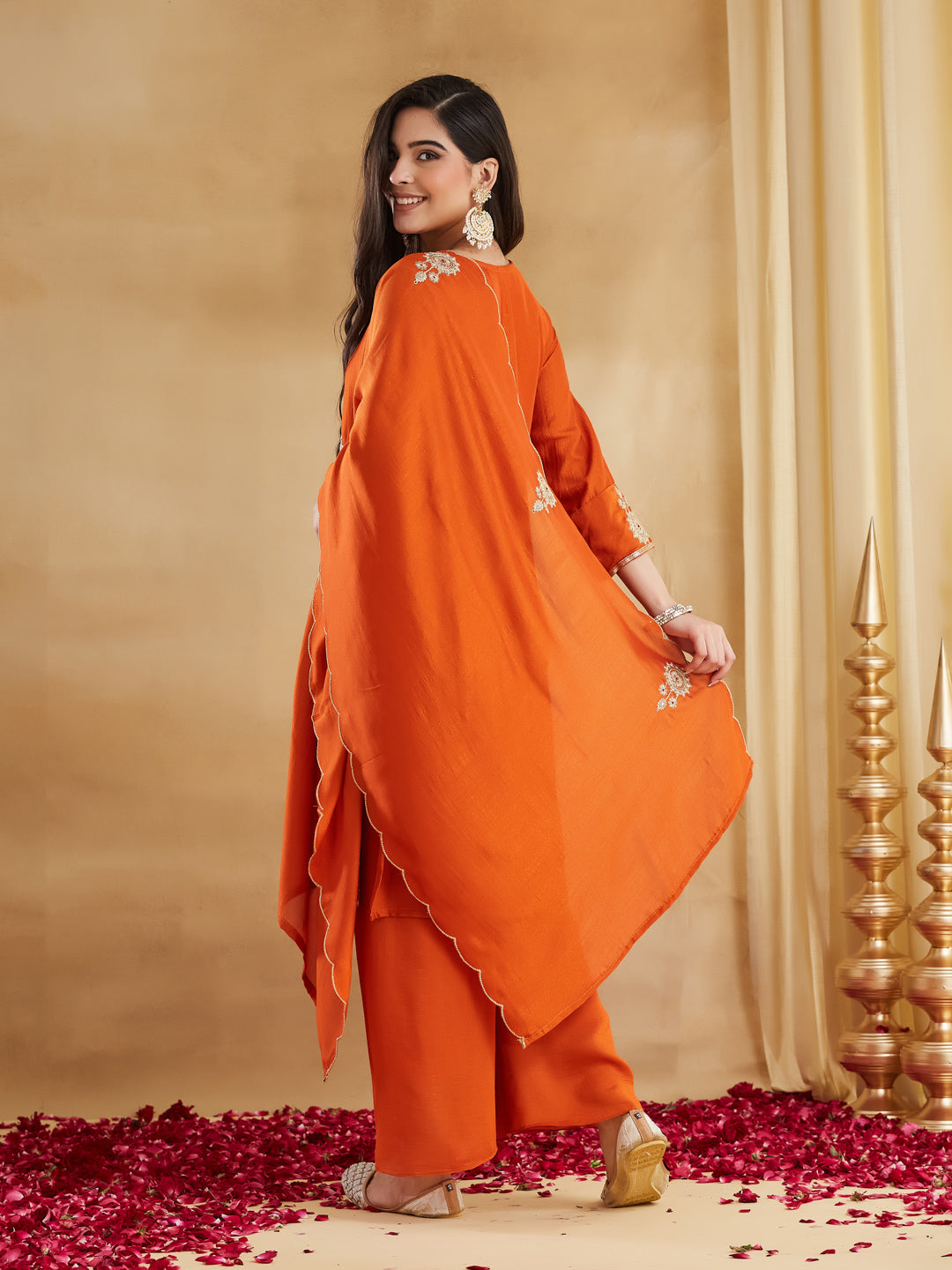 Elegant Orange Vichitra Silk Embroidered Kurta Palazzo Set