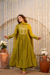 Olive Green Chanderi Silk Embroidered Anarkali Suit Set