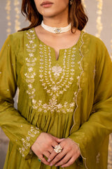 Olive Green Chanderi Silk Embroidered Anarkali Suit Set
