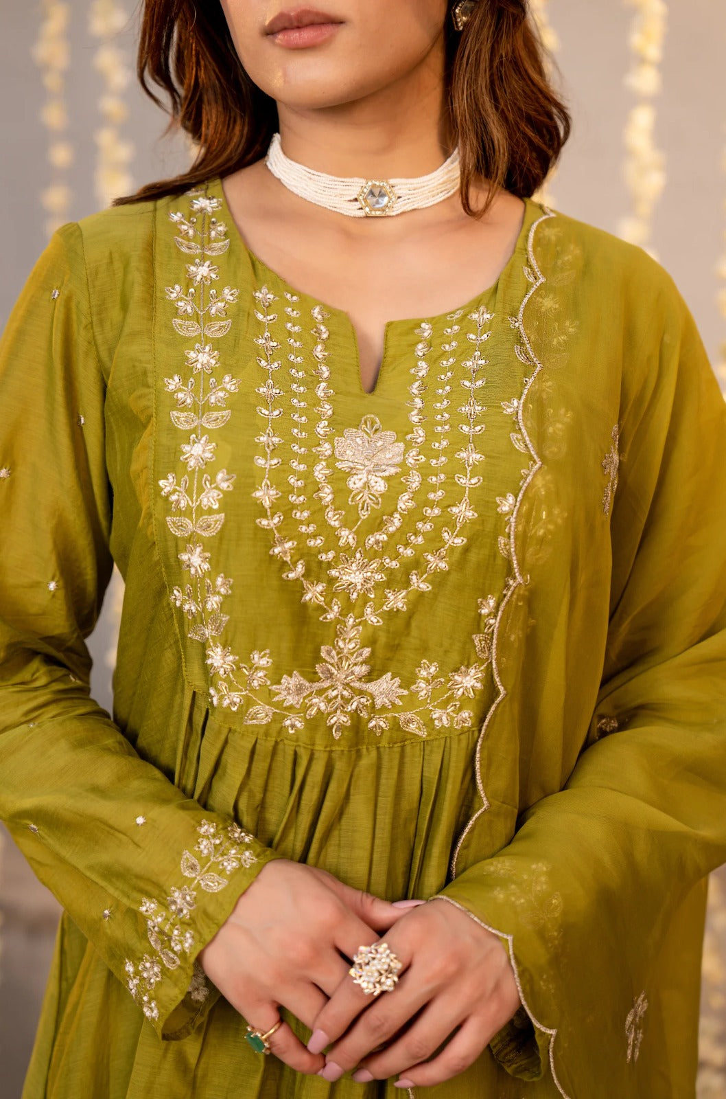 Olive Green Chanderi Silk Embroidered Anarkali Suit Set