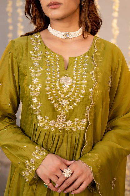Olive Green Chanderi Silk Embroidered Anarkali Suit Set
