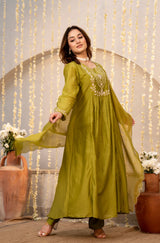 Olive Green Chanderi Silk Embroidered Anarkali Suit Set