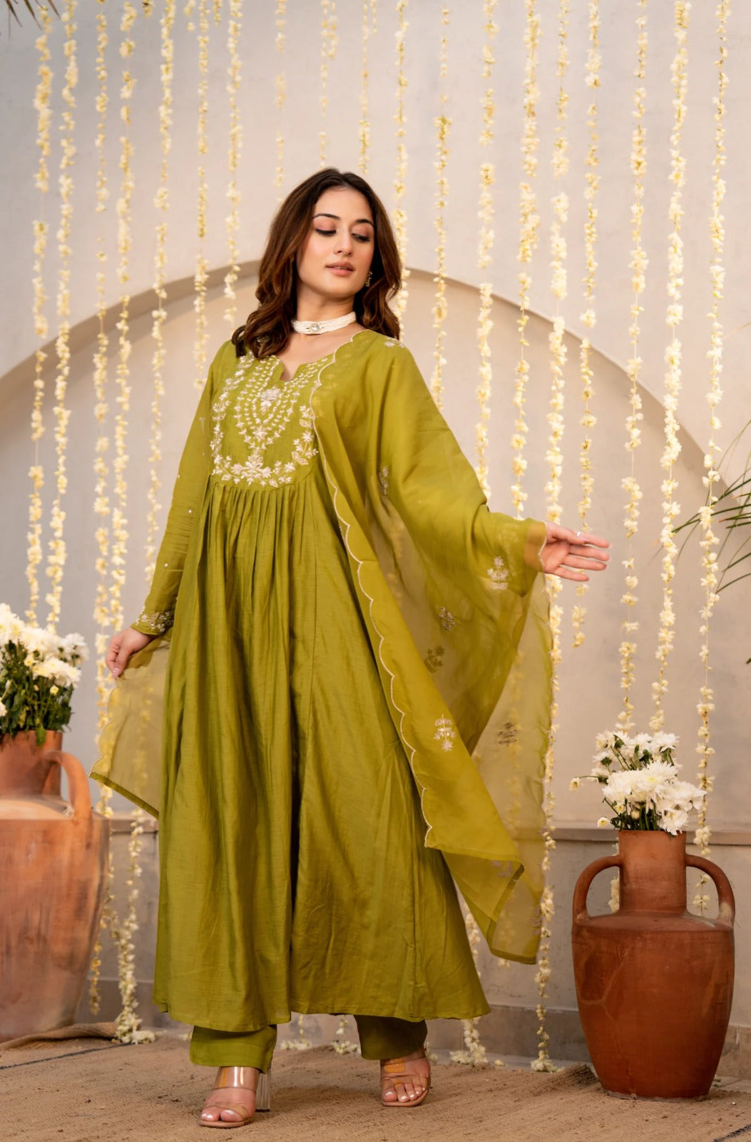 Olive Green Chanderi Silk Embroidered Anarkali Suit Set