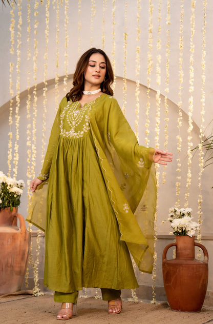 Olive Green Chanderi Silk Embroidered Anarkali Suit Set