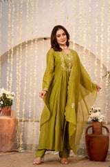 Olive Green Chanderi Silk Embroidered Anarkali Suit Set