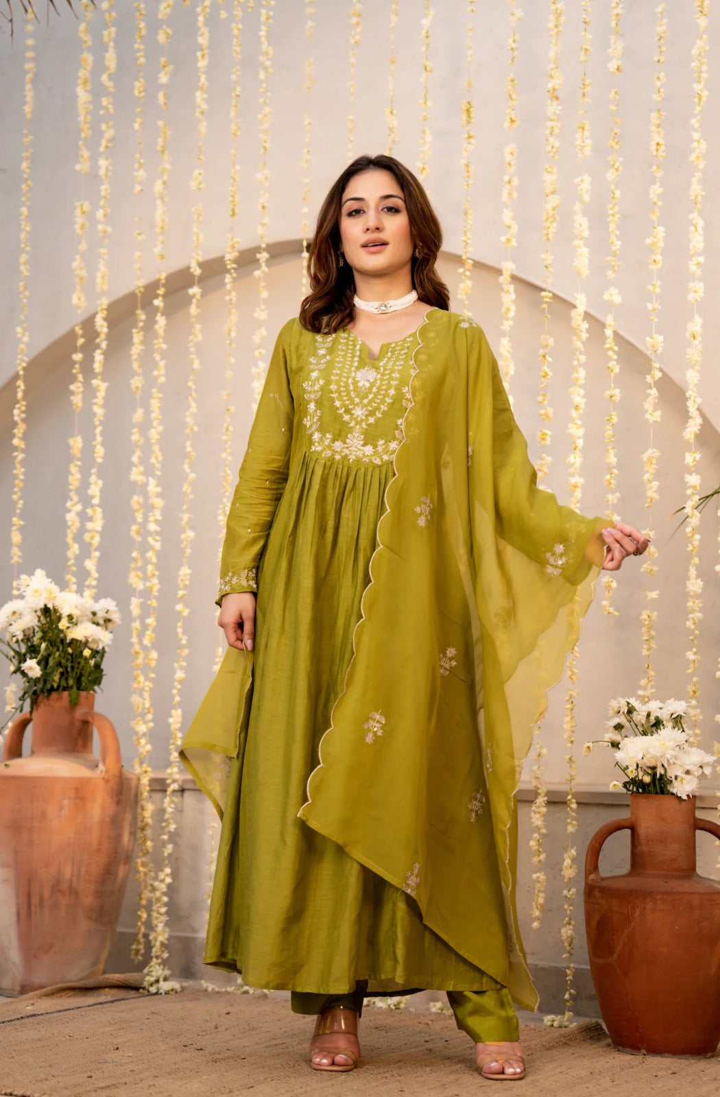 Olive Green Chanderi Silk Embroidered Anarkali Suit Set