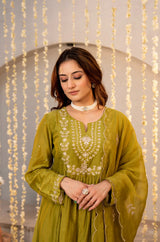 Olive Green Chanderi Silk Embroidered Anarkali Suit Set