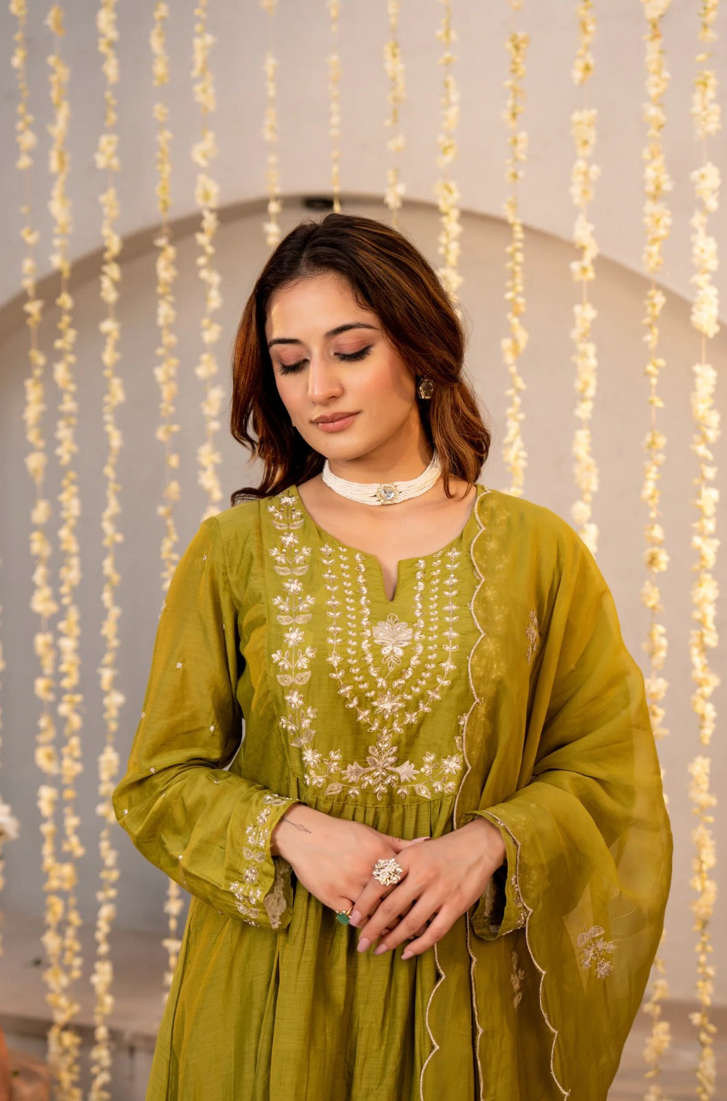 Olive Green Chanderi Silk Embroidered Anarkali Suit Set