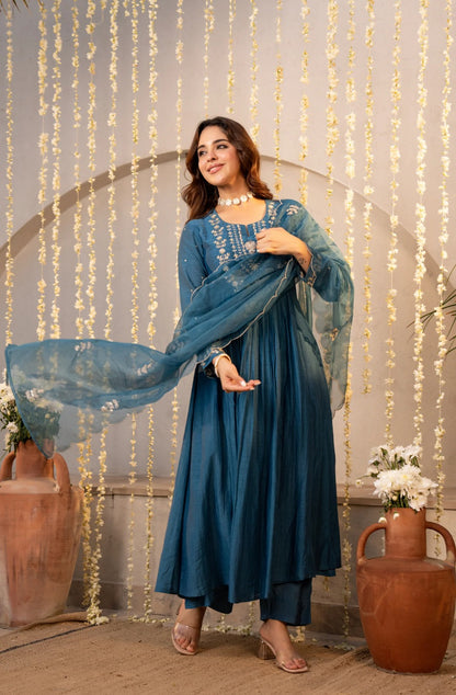Radiant Teal Blue Chanderi Silk Embroidered Anarkali Suit Set