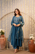 Radiant Teal Blue Chanderi Silk Embroidered Anarkali Suit Set