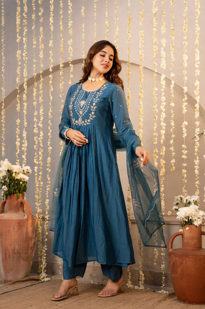 Radiant Teal Blue Chanderi Silk Embroidered Anarkali Suit Set