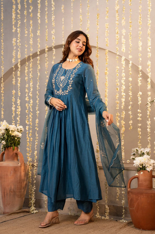 Radiant Teal Blue Chanderi Silk Embroidered Anarkali Suit Set