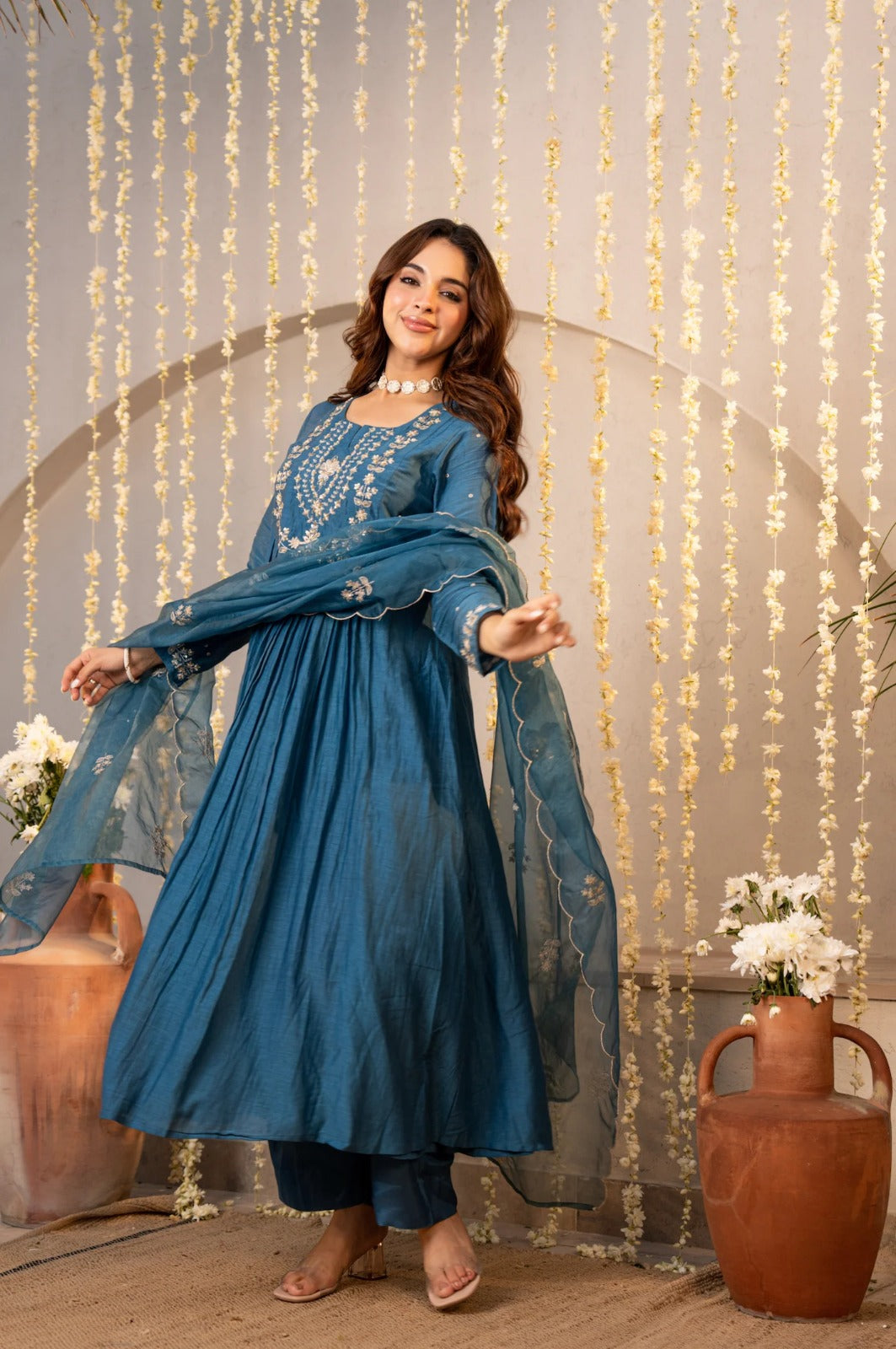 Radiant Teal Blue Chanderi Silk Embroidered Anarkali Suit Set