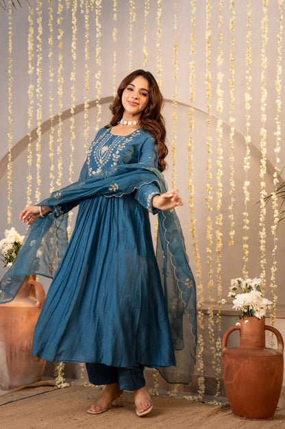 Radiant Teal Blue Chanderi Silk Embroidered Anarkali Suit Set