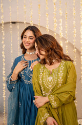 Radiant Teal Blue Chanderi Silk Embroidered Anarkali Suit Set