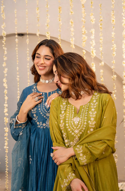 Radiant Teal Blue Chanderi Silk Embroidered Anarkali Suit Set