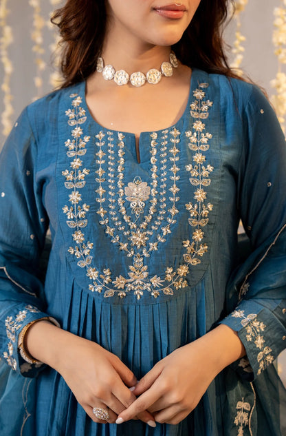 Radiant Teal Blue Chanderi Silk Embroidered Anarkali Suit Set