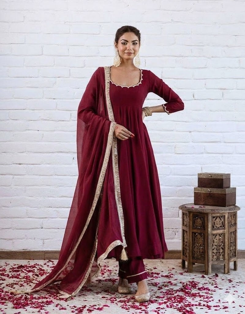 Elegant Maroon Chanderi Silk Anarkali Suit Set