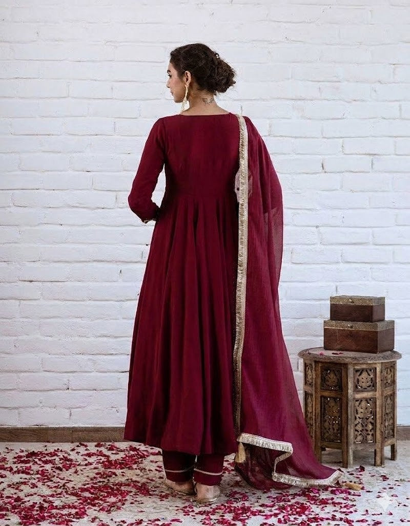 Elegant Maroon Chanderi Silk Anarkali Suit Set