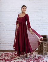 Elegant Maroon Chanderi Silk Anarkali Suit Set