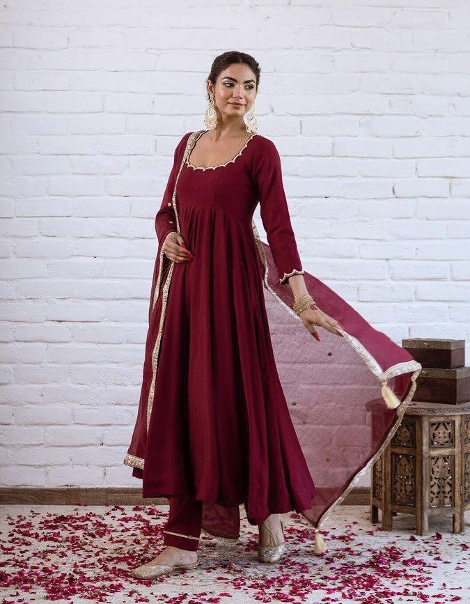 Elegant Maroon Chanderi Silk Anarkali Suit Set
