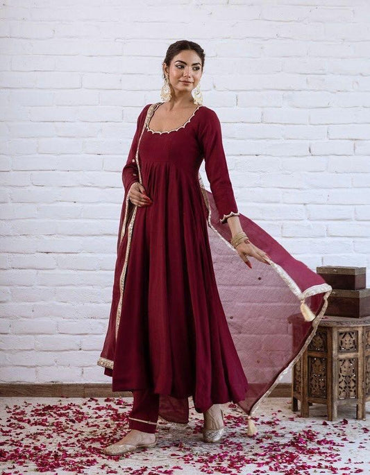 Elegant Maroon Chanderi Silk Anarkali Suit Set