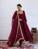 Elegant Maroon Chanderi Silk Anarkali Suit Set