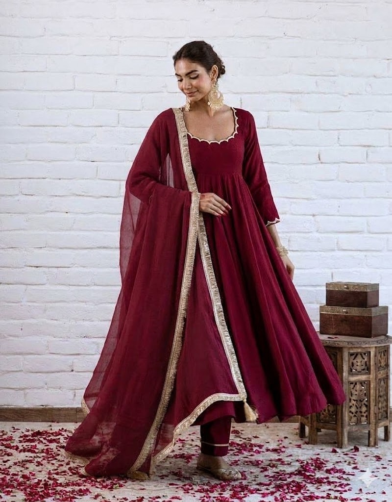 Elegant Maroon Chanderi Silk Anarkali Suit Set