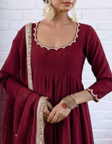 Elegant Maroon Chanderi Silk Anarkali Suit Set