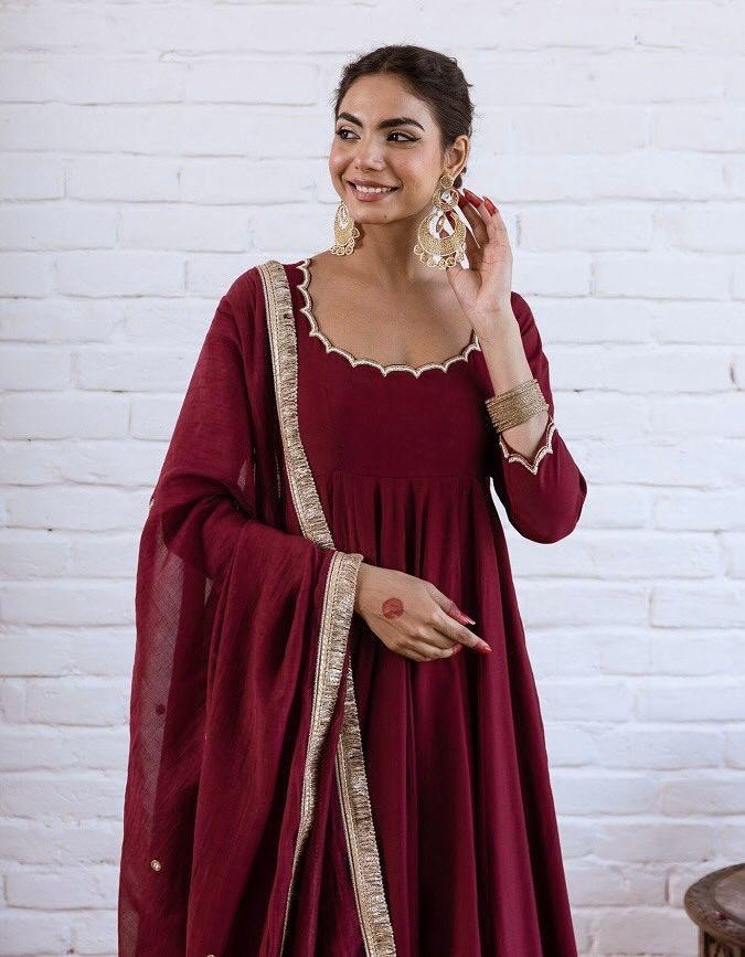 Elegant Maroon Chanderi Silk Anarkali Suit Set