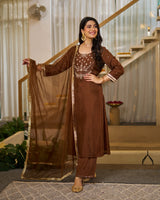 Rich Coffee Brown Vichitra Silk Embroidered Salwar Suite