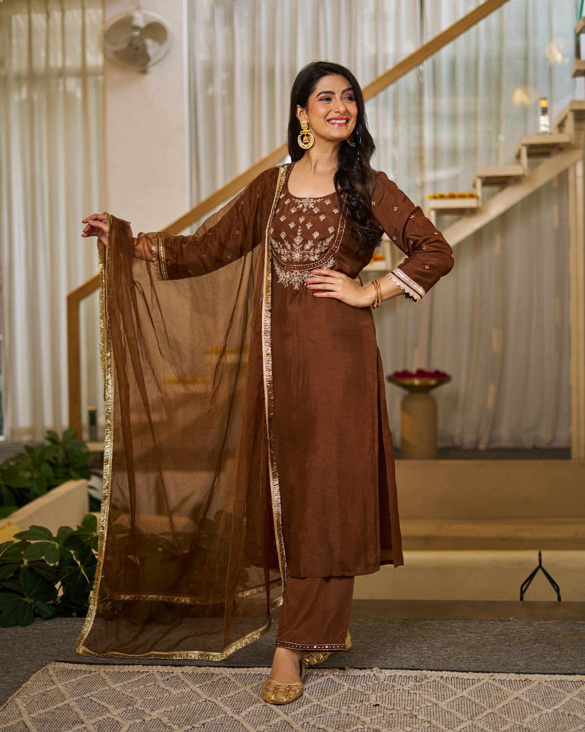 Rich Coffee Brown Vichitra Silk Embroidered Salwar Suite