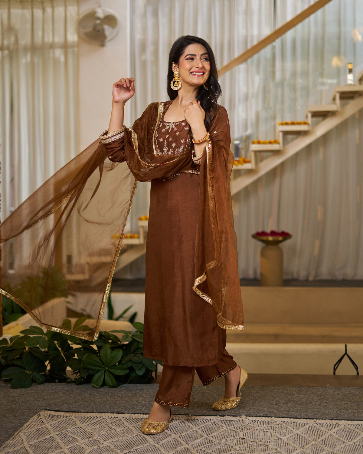 Rich Coffee Brown Vichitra Silk Embroidered Salwar Suite