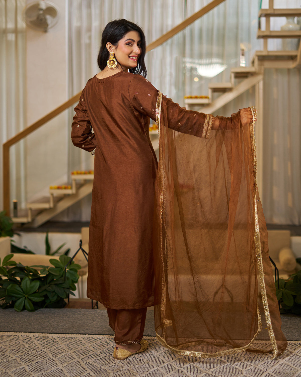Rich Coffee Brown Vichitra Silk Embroidered Salwar Suite