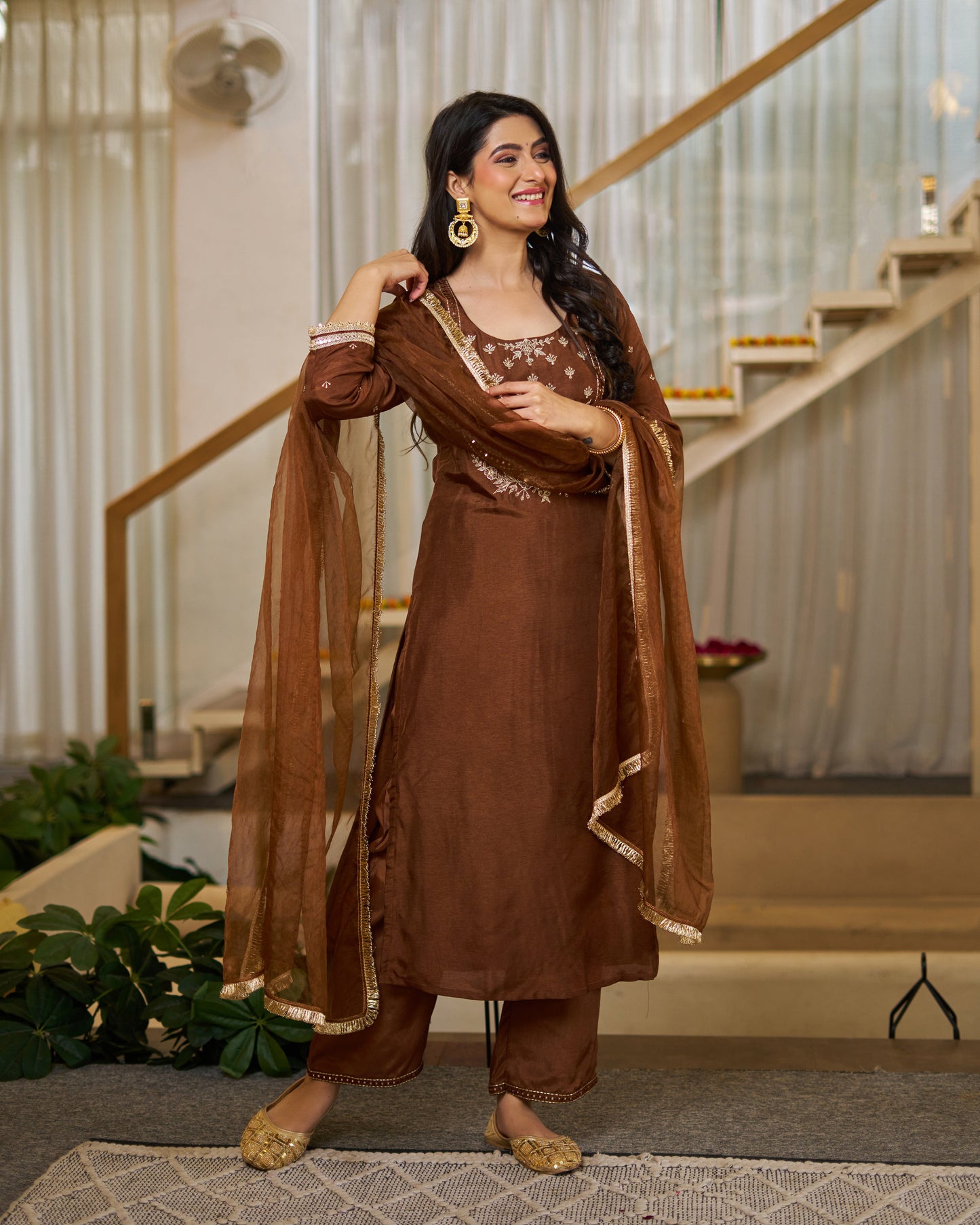 Rich Coffee Brown Vichitra Silk Embroidered Salwar Suite