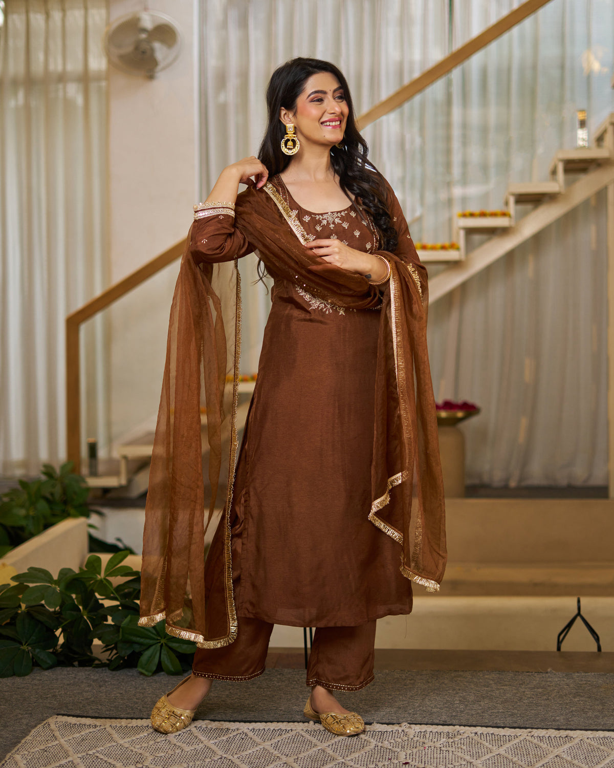Rich Coffee Brown Vichitra Silk Embroidered Salwar Suite