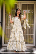 Cream Printed Poly Rayon Flared Gown Dress