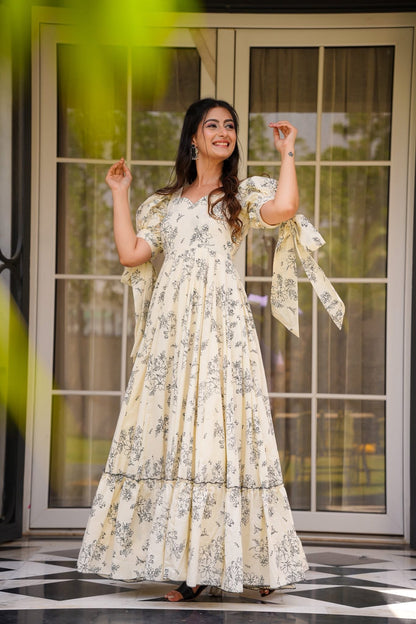 Cream Printed Poly Rayon Flared Gown Dress