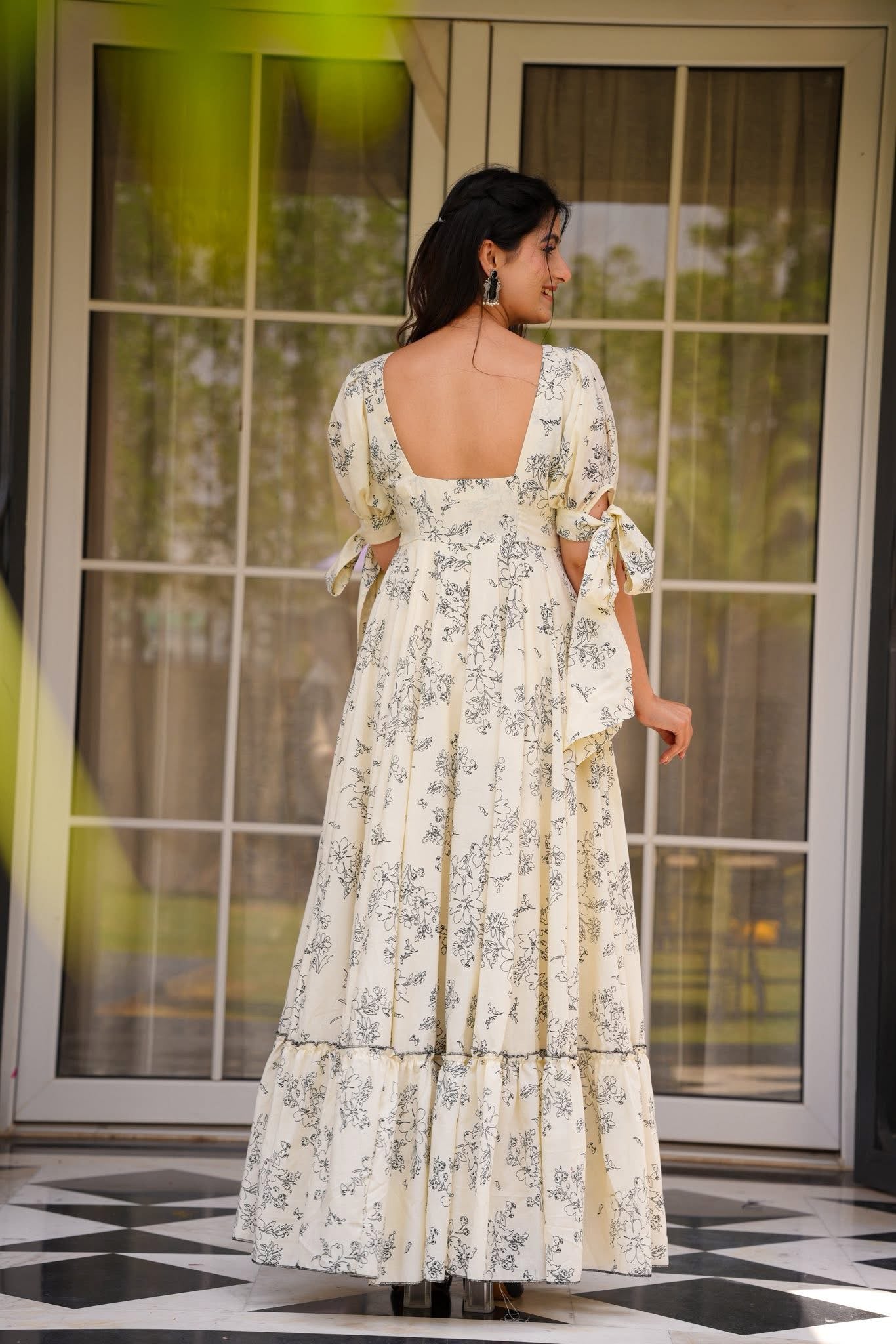Cream Printed Poly Rayon Flared Gown Dress